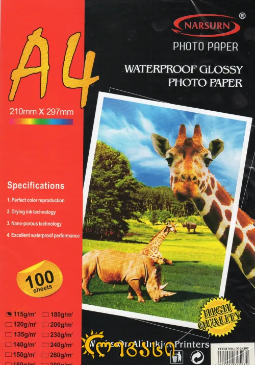 ფოტო ქაღალდი ა-4 ერთმხრივი 100-ც. 115-გრ. WATERPROOF GLOSSY PHOTO PAPER  115 G/M