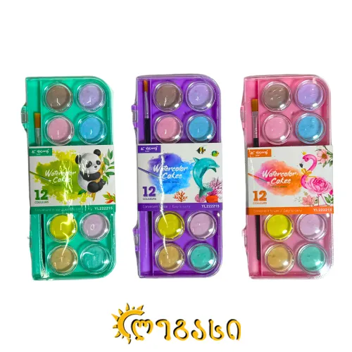 აკვარელი ფუნჯით (12 ფერი) WATERCOLOR CAKES: PASTEL SERIES