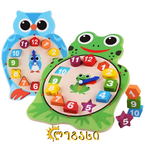 ხის საბავშვო-განმავითარებელი საათი (ბუ/ბაყაყი)